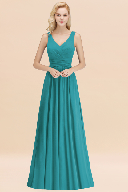 Long V-neck Sleeveless Chiffon A-line Jade Bridesmaid Dress
