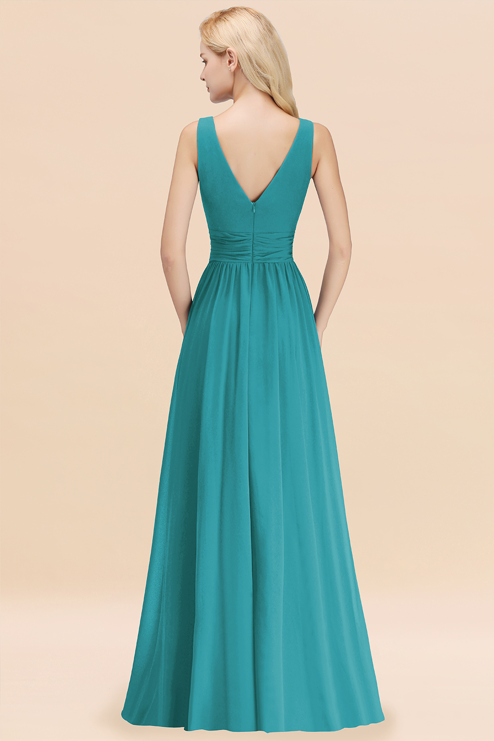 Long V-neck Sleeveless Chiffon A-line Jade Bridesmaid Dress