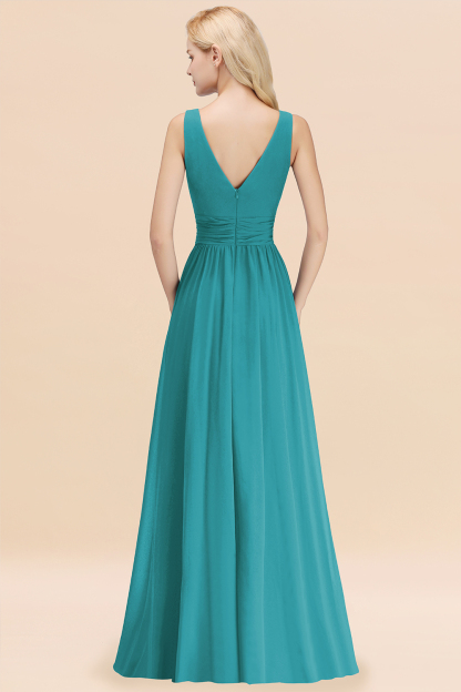 Long V-neck Sleeveless Chiffon A-line Jade Bridesmaid Dress