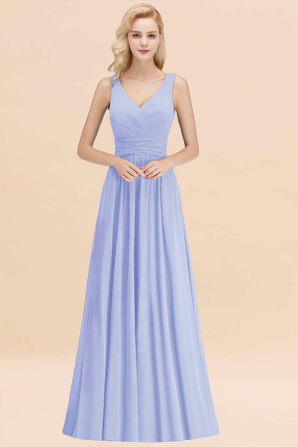 Long V-neck Sleeveless Chiffon A-line Lavender Bridesmaid Dress