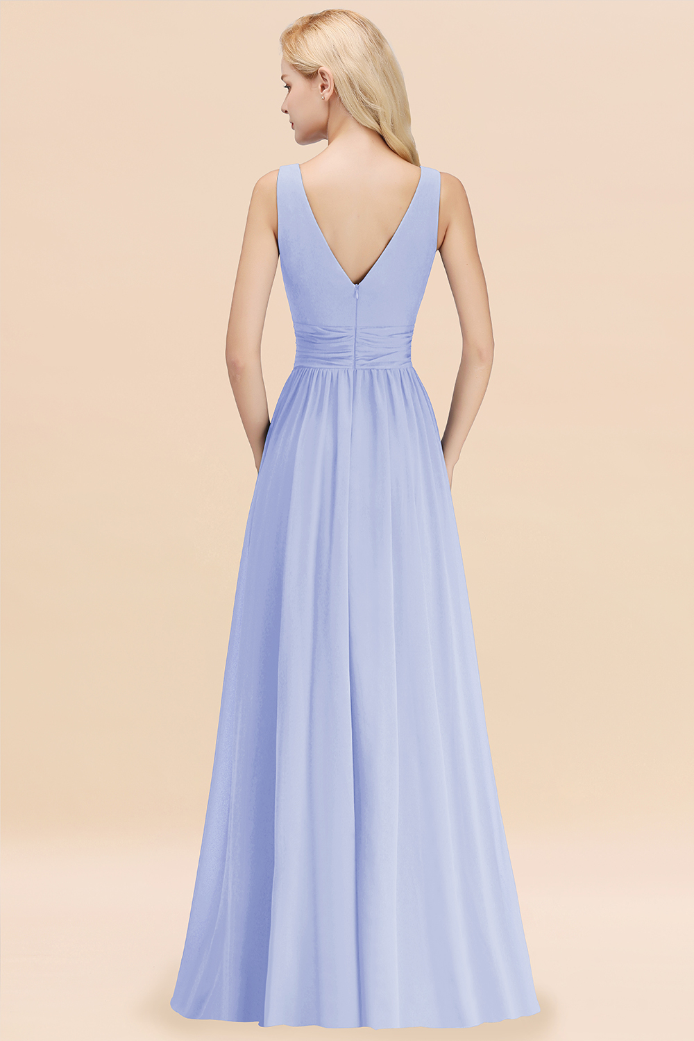 Long V-neck Sleeveless Chiffon A-line Lavender Bridesmaid Dress