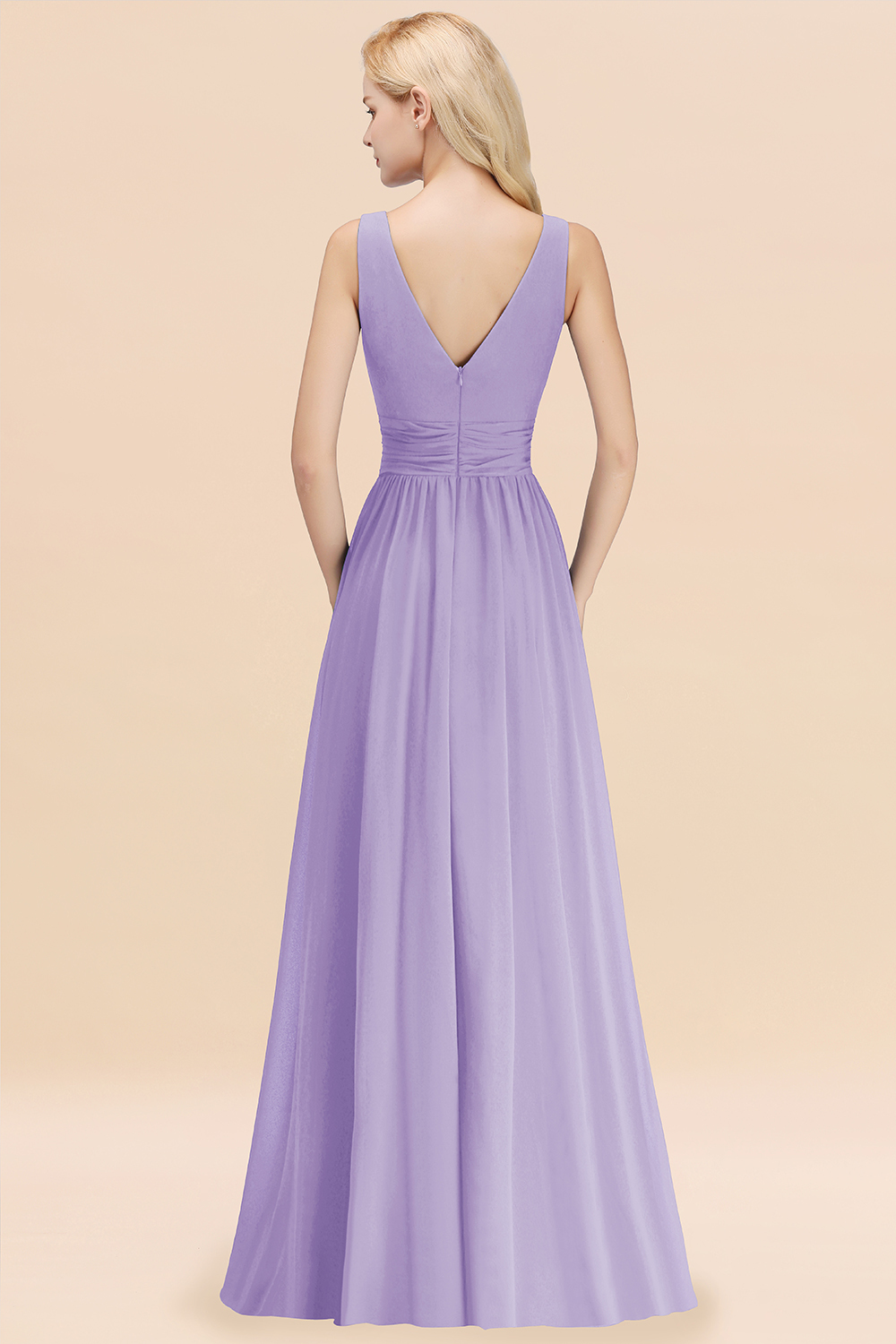 Long V-neck Sleeveless Chiffon A-line Lilac Bridesmaid Dress