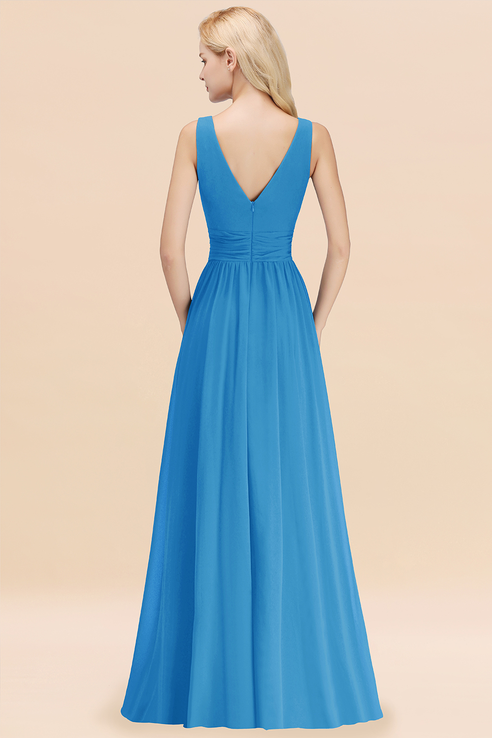 Long V-neck Sleeveless Chiffon A-line Ocean Blue Bridesmaid Dress