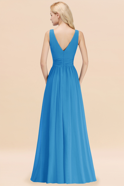 Long V-neck Sleeveless Chiffon A-line Ocean Blue Bridesmaid Dress
