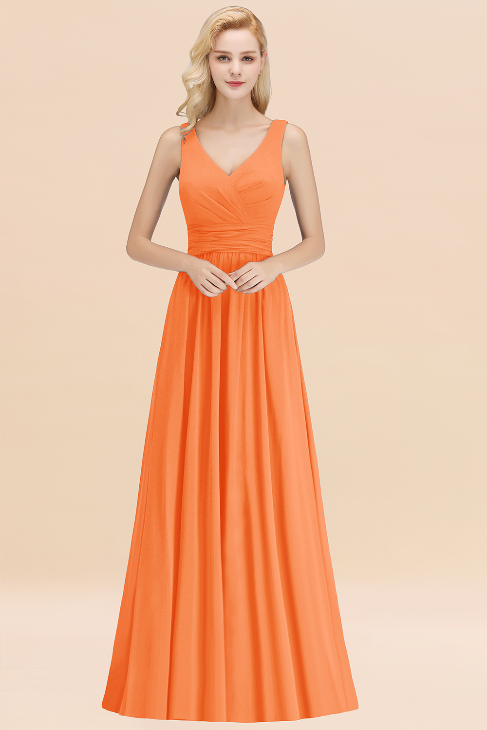 Long V-neck Sleeveless Chiffon A-line Orange Bridesmaid Dress