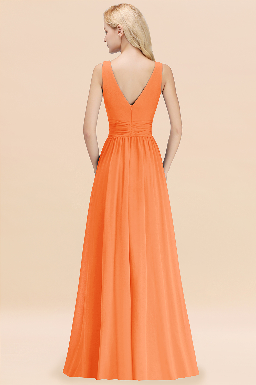 Long V-neck Sleeveless Chiffon A-line Orange Bridesmaid Dress