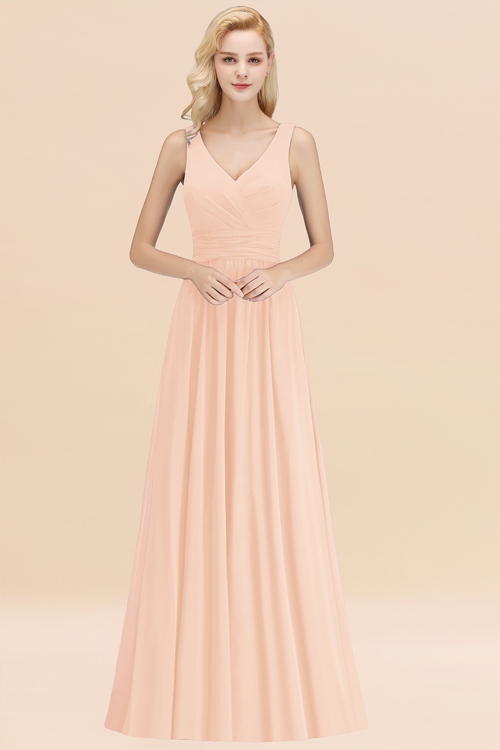 Long V-neck Sleeveless Chiffon A-line Pearl Pink Bridesmaid Dress