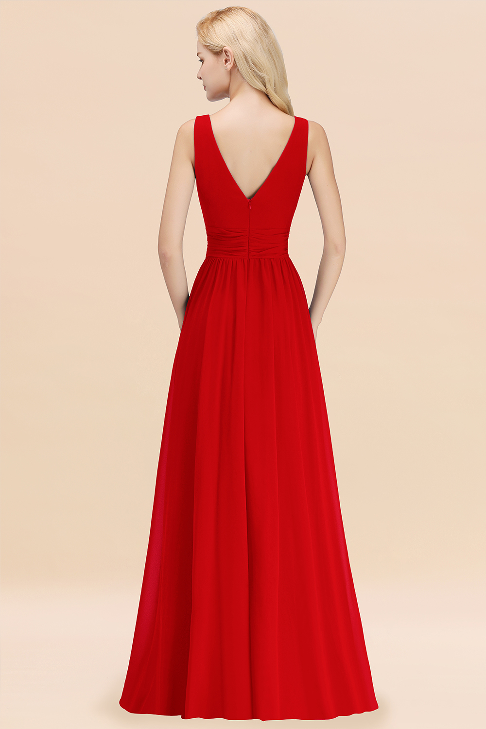 Long V-neck Sleeveless Chiffon A-line Red Bridesmaid Dress