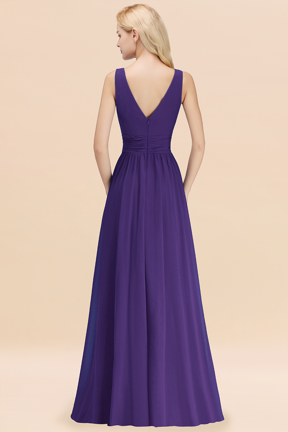 Long V-neck Sleeveless Chiffon A-line Regency Bridesmaid Dress