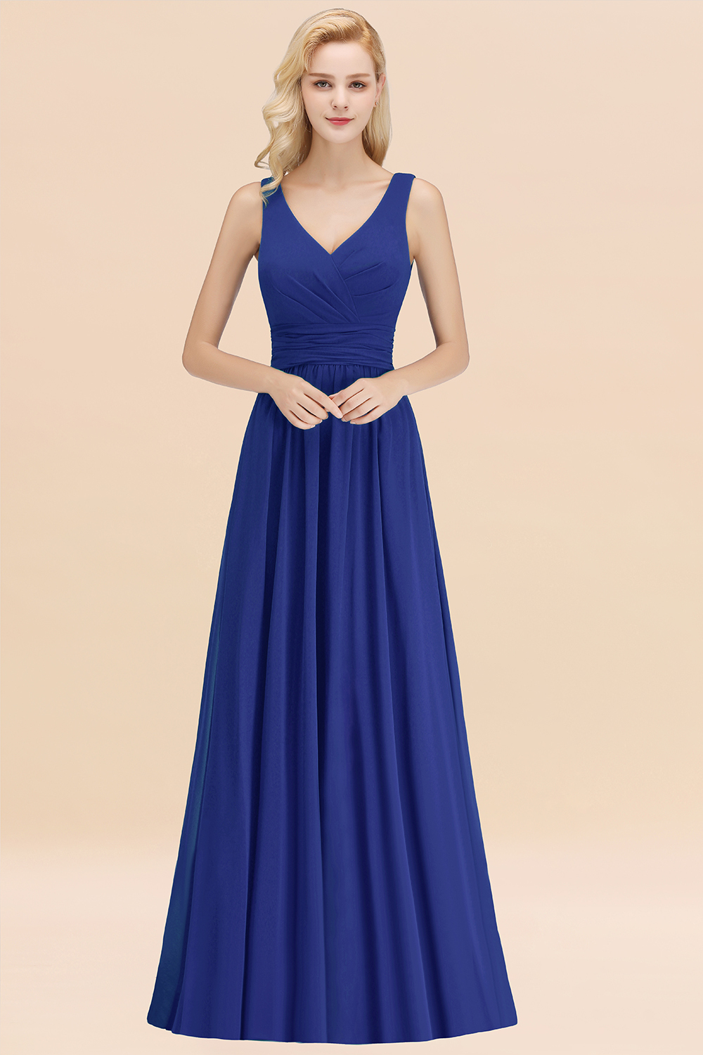 Long V-neck Sleeveless Chiffon A-line Royal Blue Bridesmaid Dress