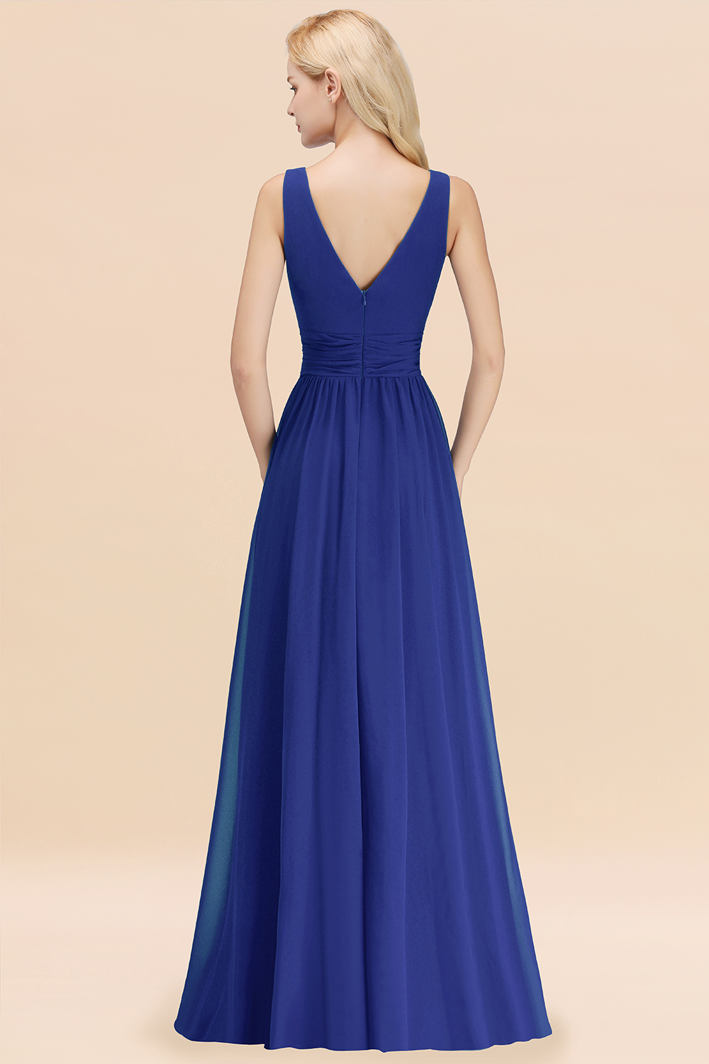 Long V-neck Sleeveless Chiffon A-line Royal Blue Bridesmaid Dress
