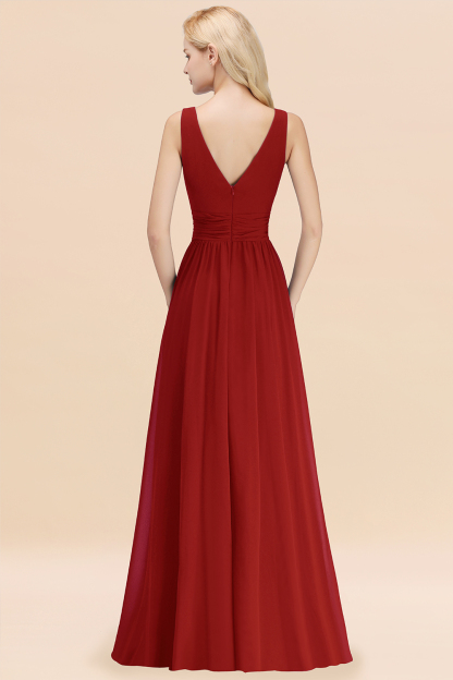 Long V-neck Sleeveless Chiffon A-line Rust Bridesmaid Dress