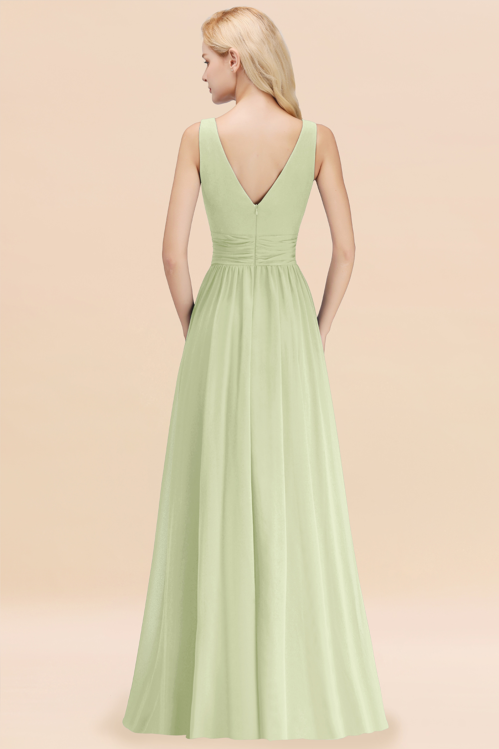 Long V-neck Sleeveless Chiffon A-line Sage Bridesmaid Dress