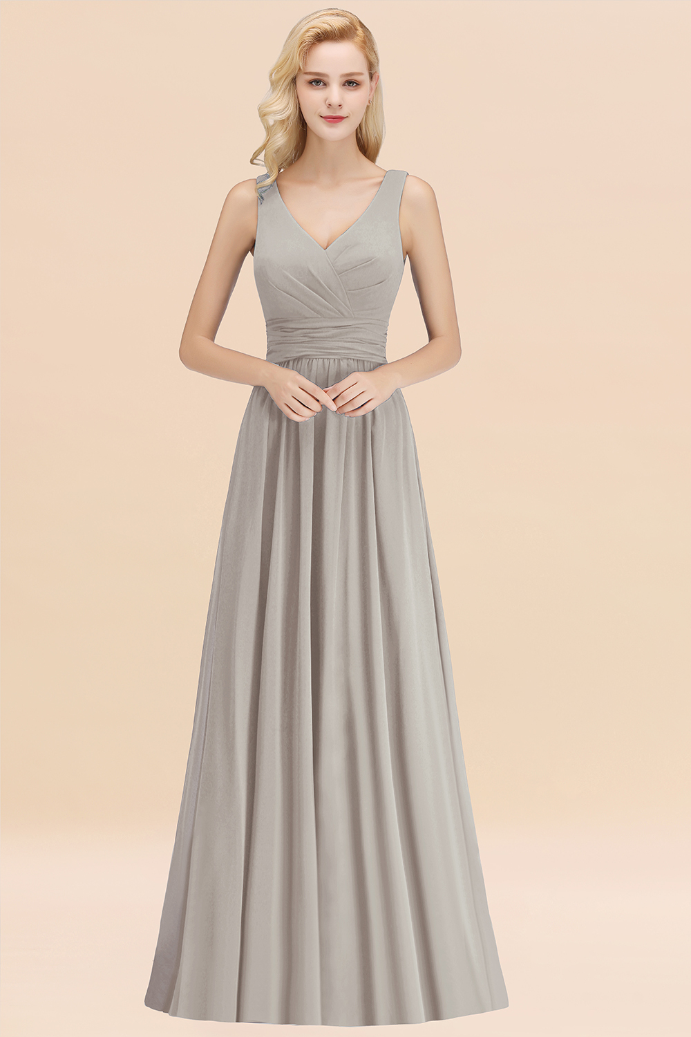 Long V-neck Sleeveless Chiffon A-line Silver Bridesmaid Dress