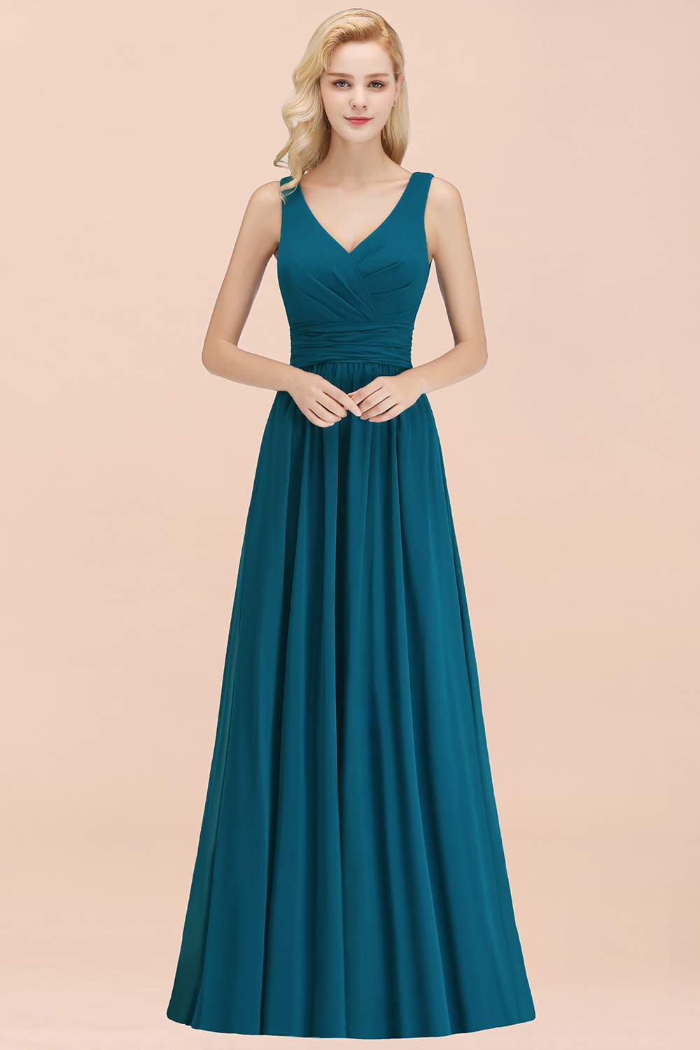 Long V-neck Sleeveless Chiffon A-line Straps Floor-length Ink Blue Bridesmaid Dress