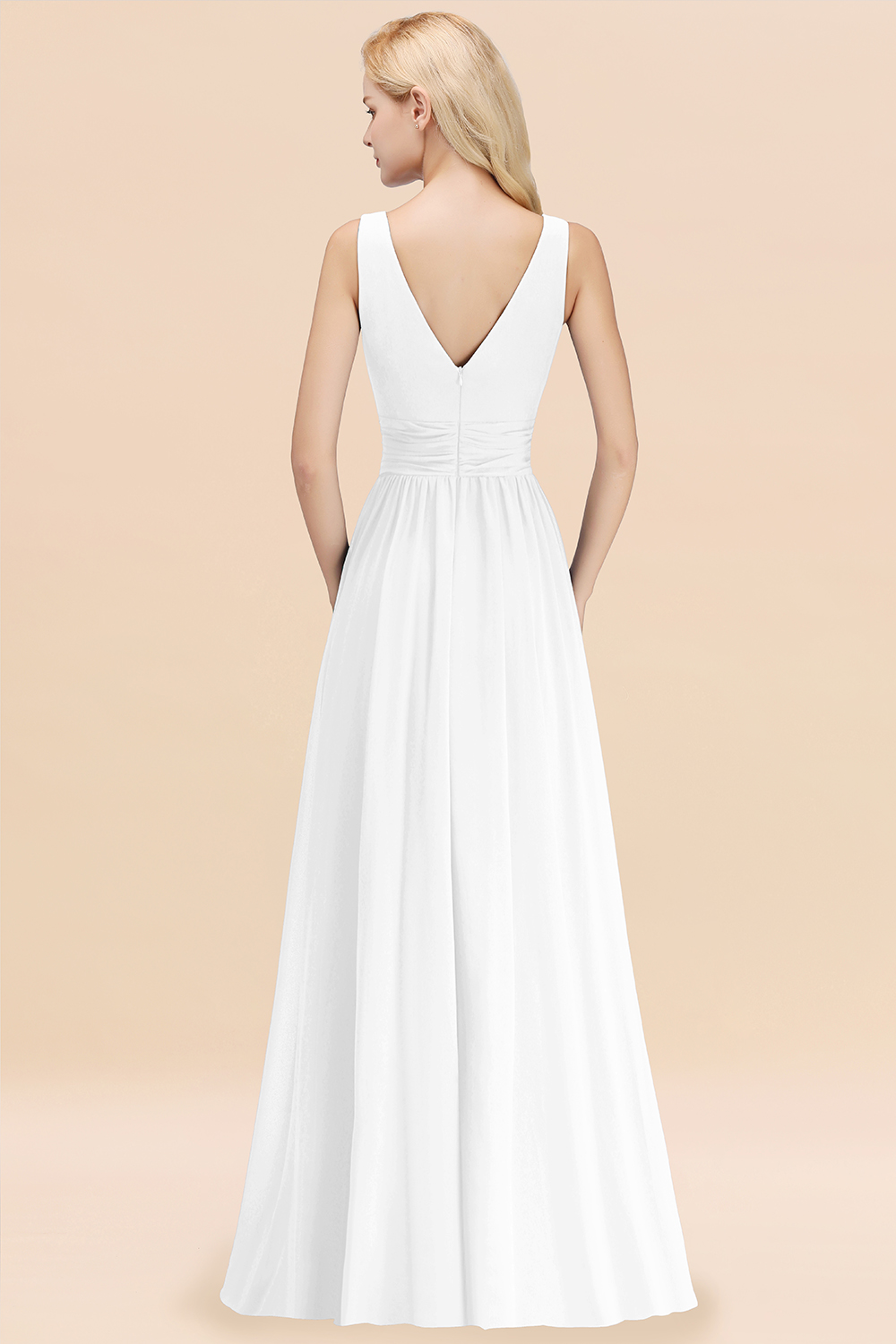 Long V-neck Sleeveless Chiffon A-line White Bridesmaid Dress