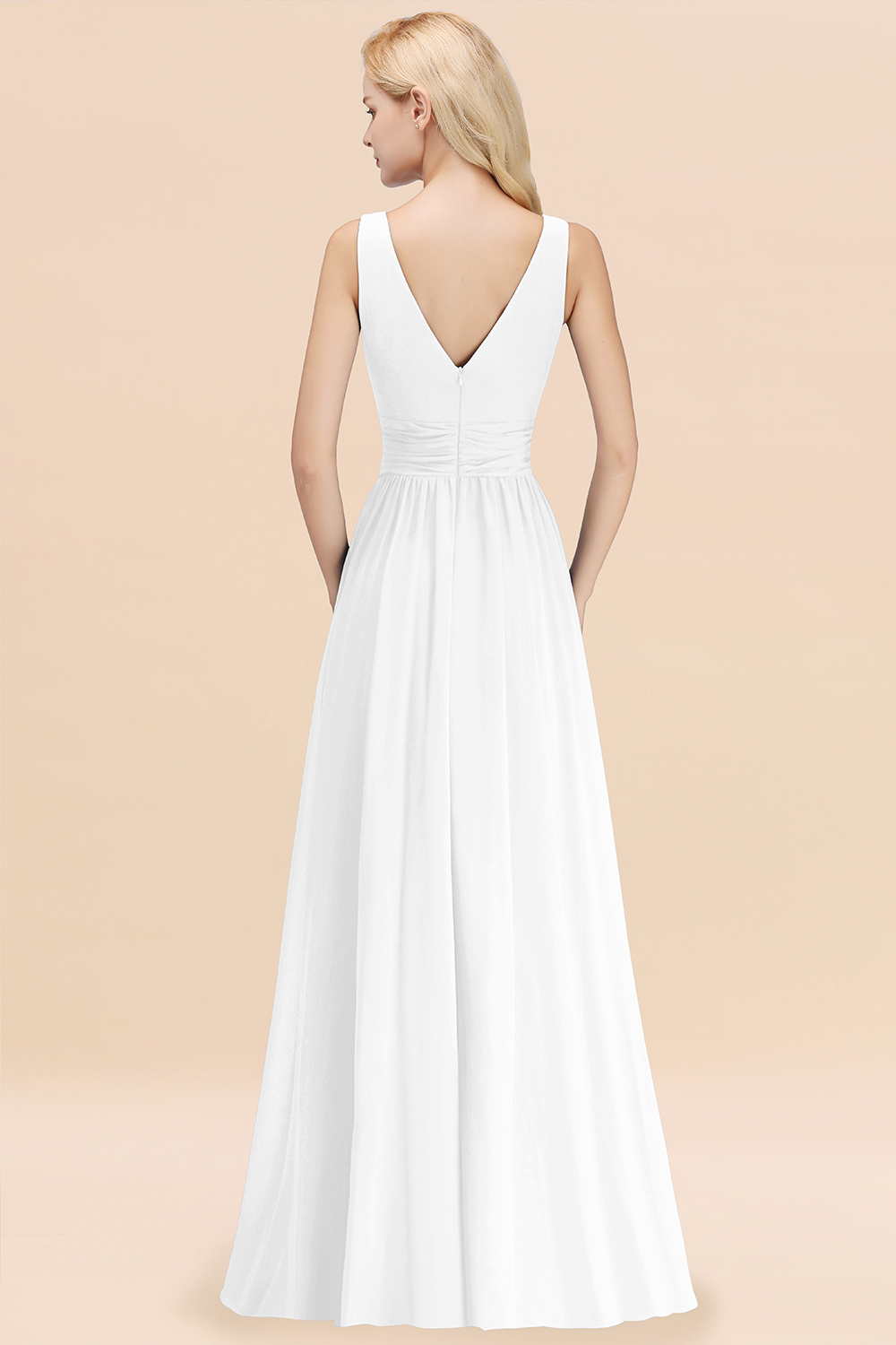 Long V-neck Sleeveless Chiffon A-line White Bridesmaid Dress