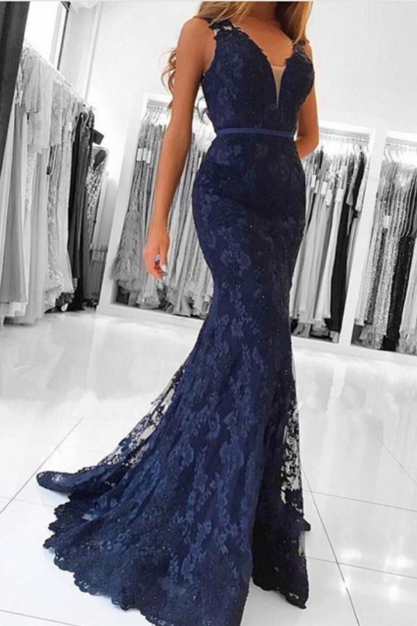 Long V-neck Wide Straps Lace Floor Length Mermaid Prom Dress