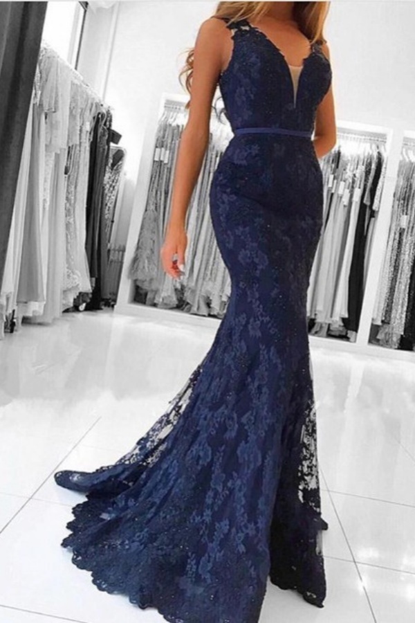 Long V-neck Wide Straps Lace Floor Length Mermaid Prom Dress