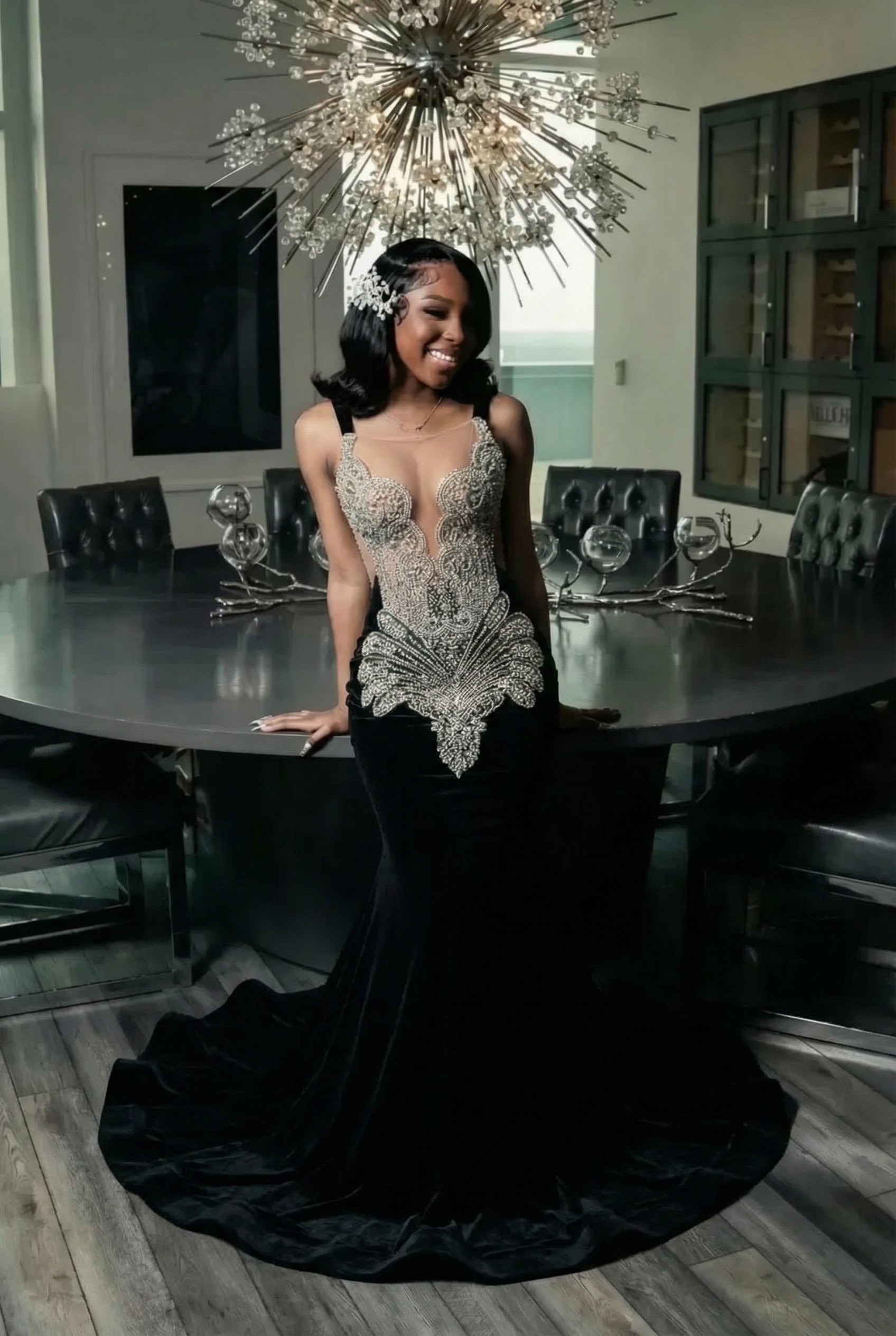 Long Velvet Appliques Spaghetti Straps Mermaid Prom Dress with Beads