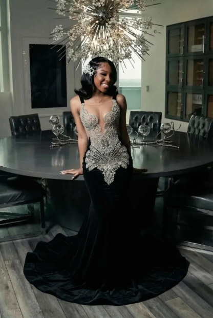 Long Velvet Appliques Spaghetti Straps Mermaid Prom Dress with Beads