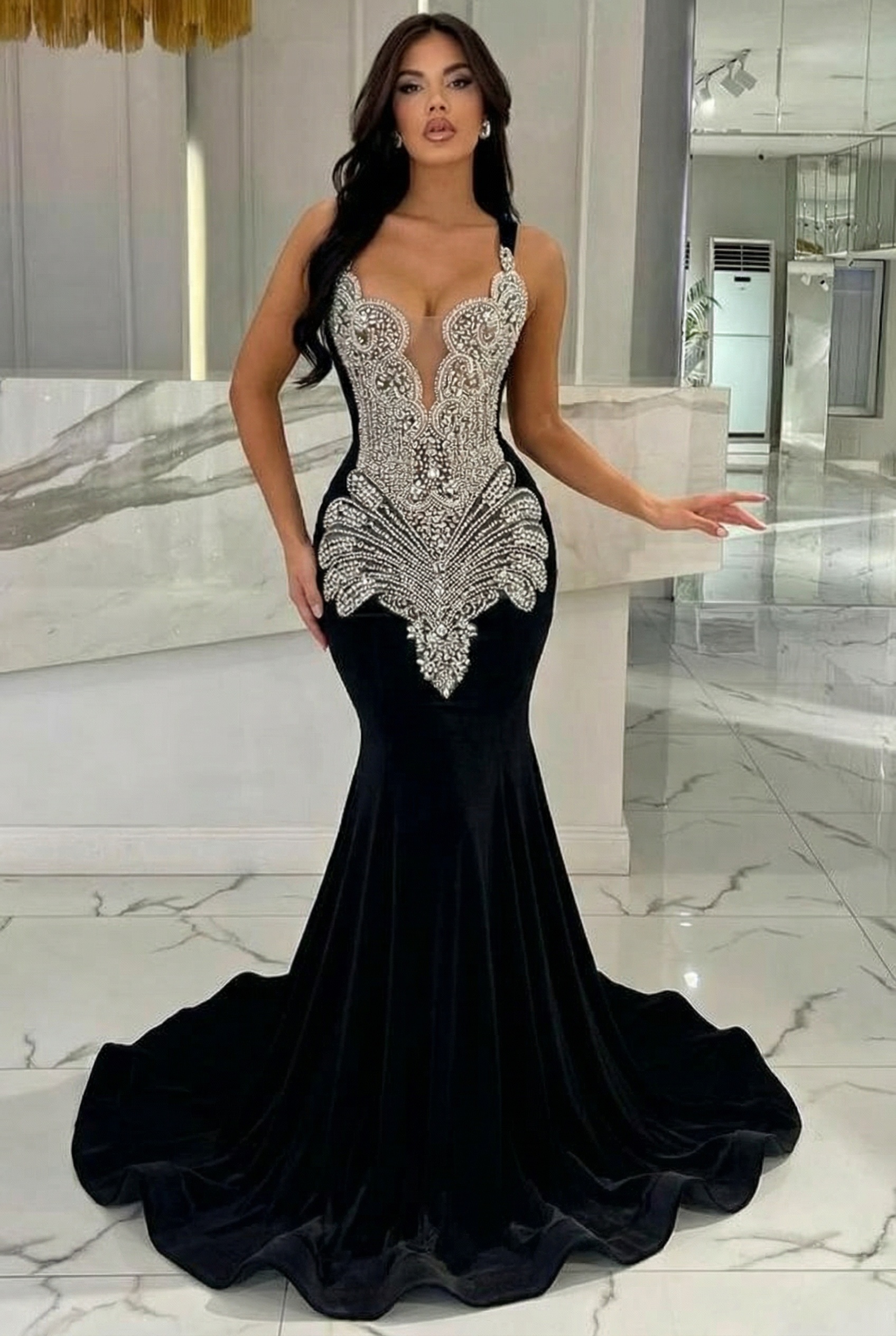 Long Velvet Appliques Spaghetti Straps Mermaid Black Prom Dress with Beads