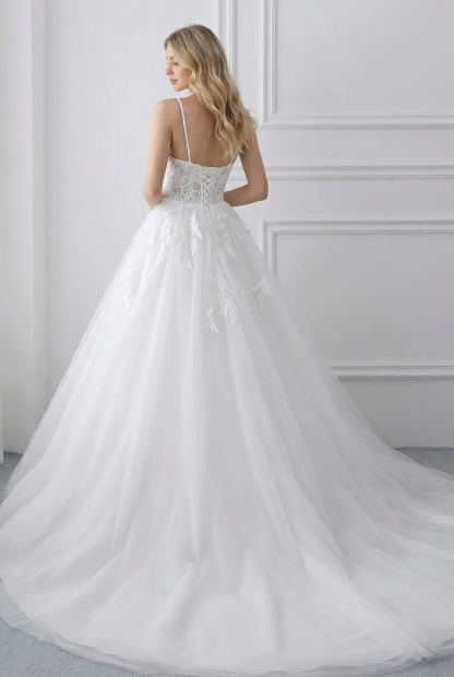 Long White Spaghetti Strap Tulle Ball Gown Wedding Dress