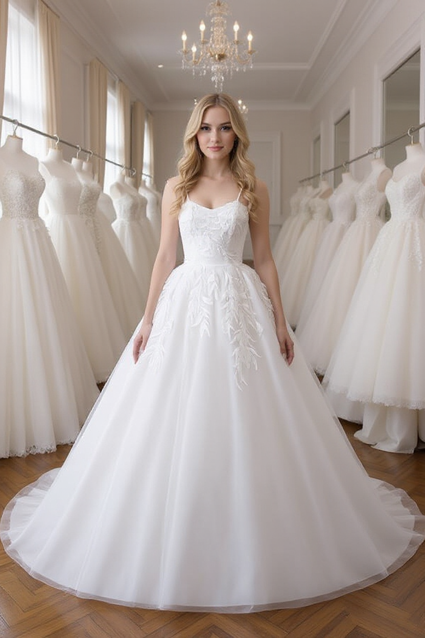 Long White Spaghetti Strap Tulle Ball Gown Wedding Dress