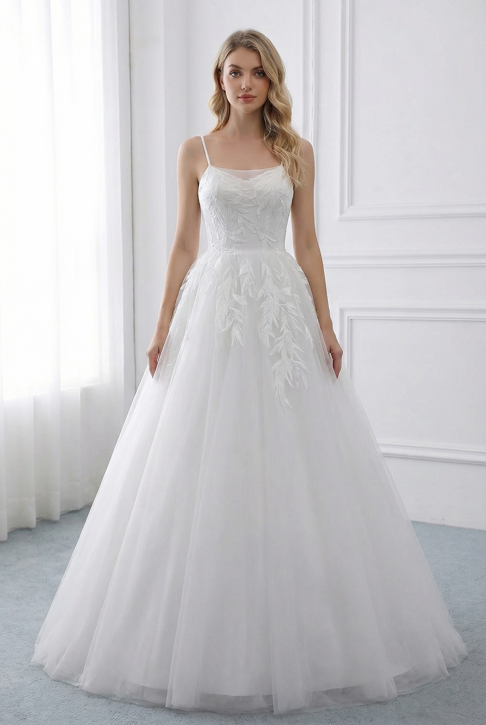 Long White Spaghetti Strap Tulle Ball Gown Wedding Dress