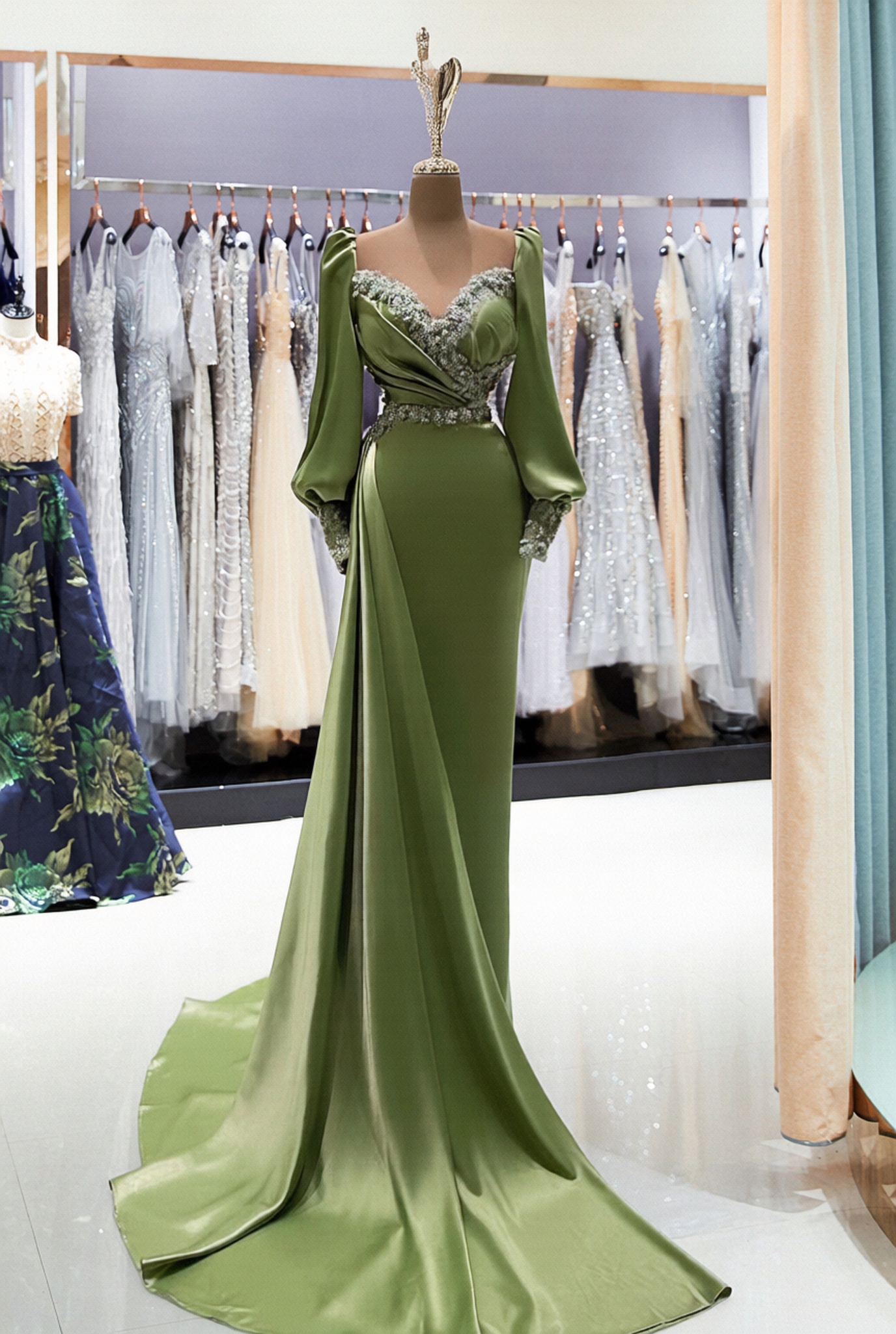 Long sleeves Mermaid Satin Evening Formal Dress with Bubble sleeves