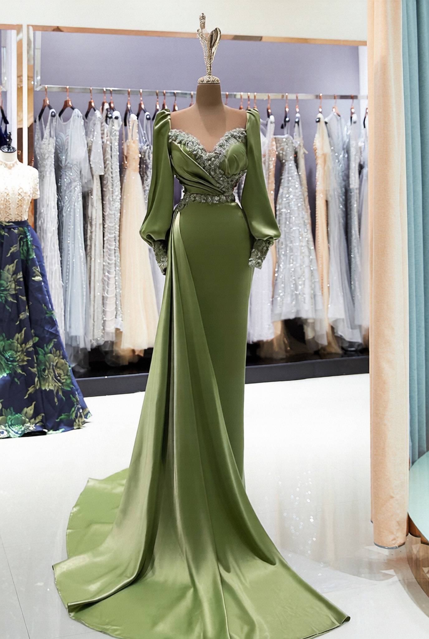 Long sleeves Mermaid Satin Evening Formal Dress with Bubble sleeves