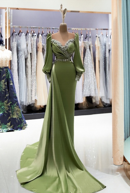 Long sleeves Mermaid Satin Evening Formal Dress with Bubble sleeves