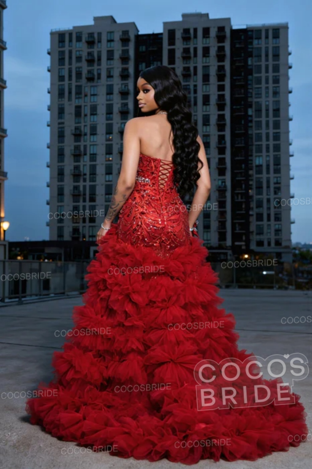 Luxurious Red Sequined Sleeveless Beaded Prom Dress with High Slit
