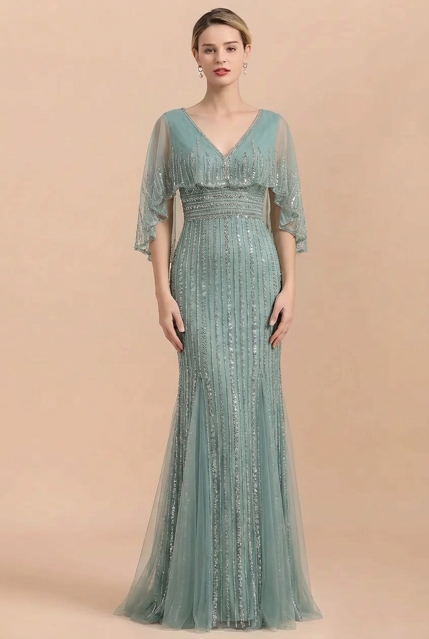 Luxury Glitter Long Mermaid Formal Evening Dresses with Detachable Shawl