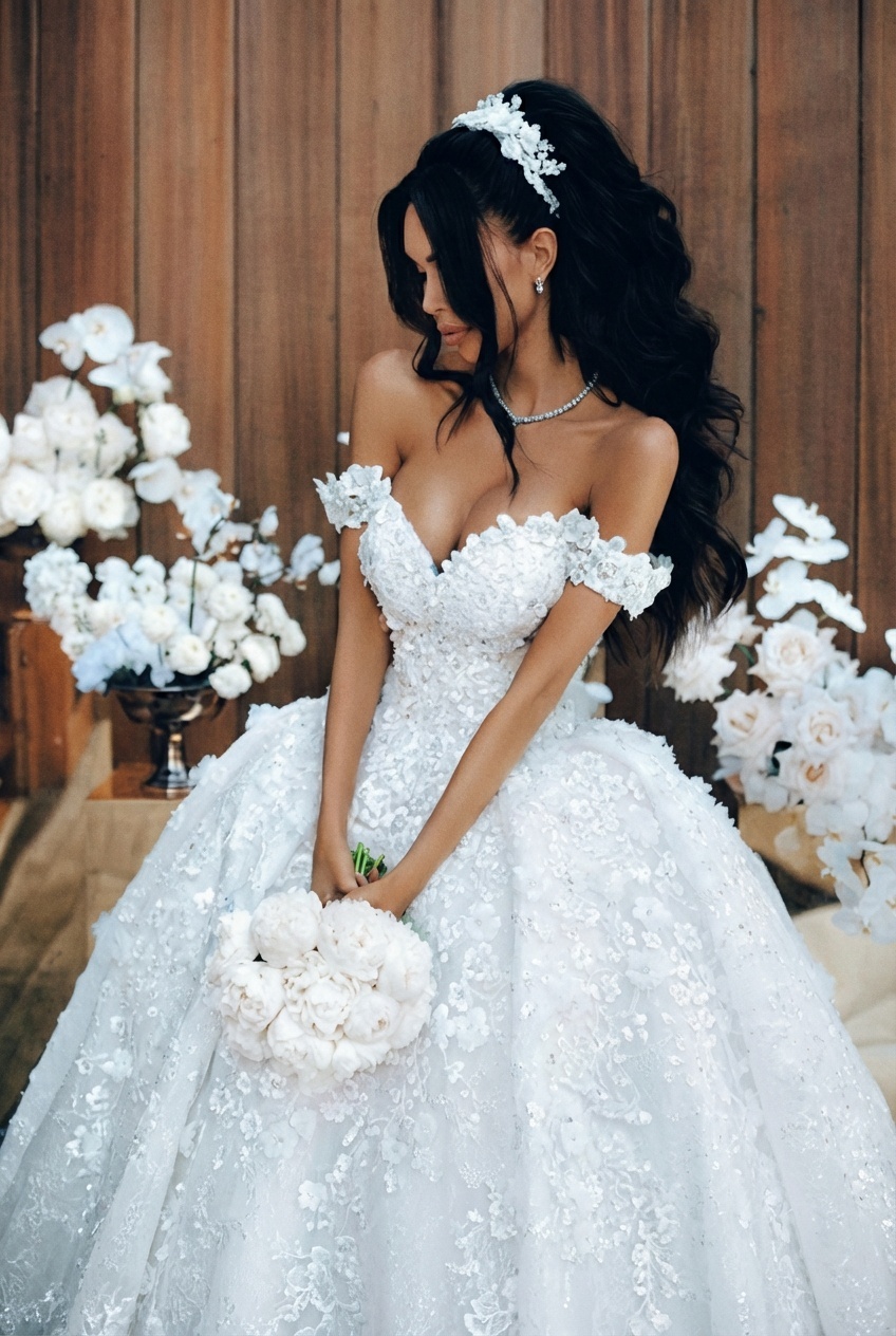 Luxury Long Ball Gown Off the Shoulder Appliques Lace Tulle Wedding Dresses