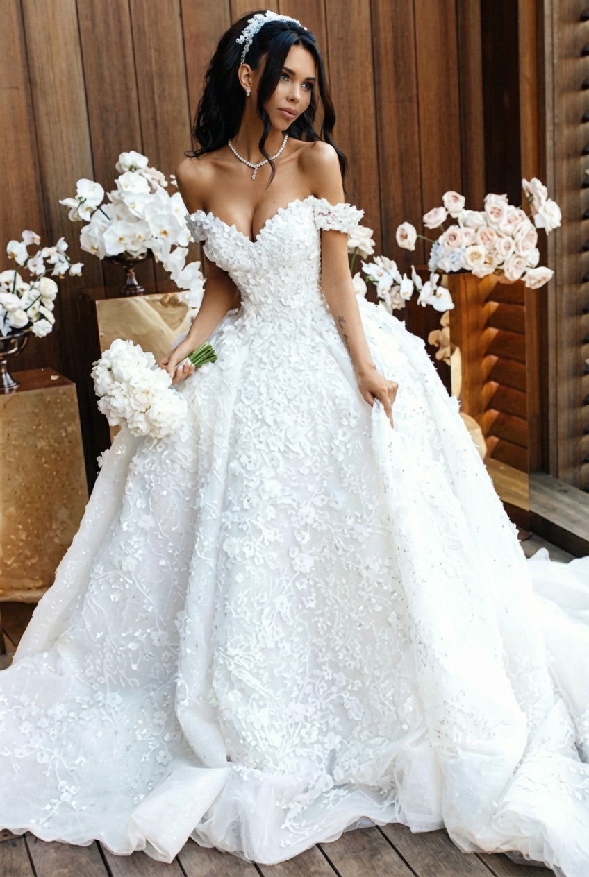 Luxury Long Ball Gown Off the Shoulder Appliques Lace Tulle Wedding Dresses