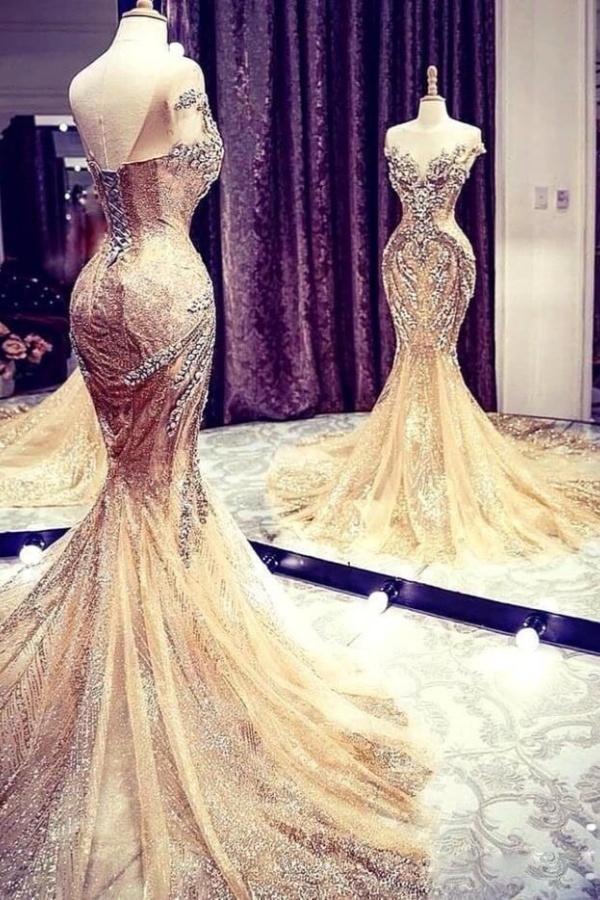 Luxury Long Mermaid Tulle Beadings Backless Prom Dress with Cap Sleeves