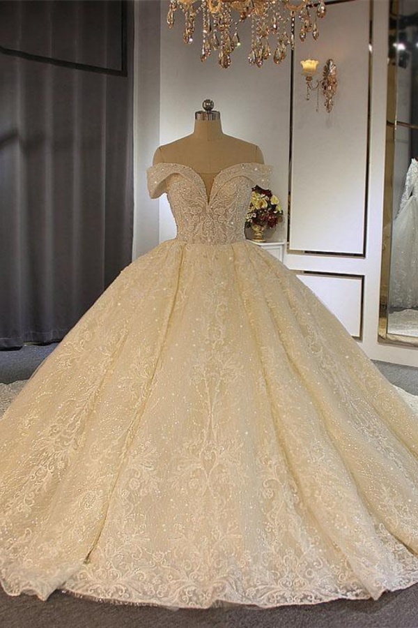 Luxury Long Off the Shoulder Lace-Up Ball Gown Wedding Dresses with Beading
