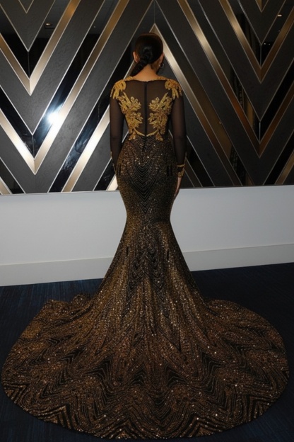 Luxury Long Sleeve Gold Appliques Sequins Floor Length Mermaid Prom Dress