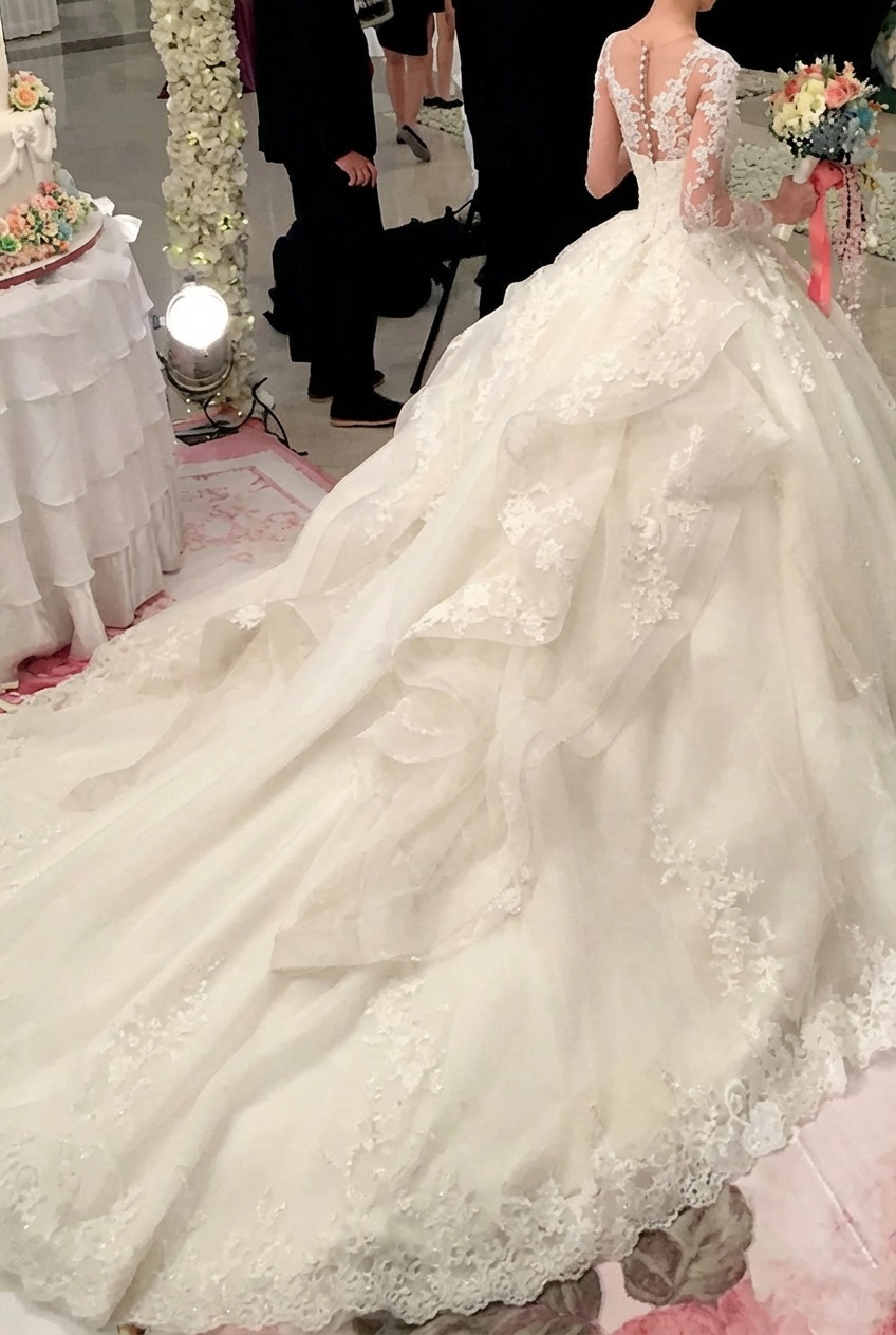 Luxury Long Sleeves Tulle Lace Beaded Ball Gown Wedding Dresses