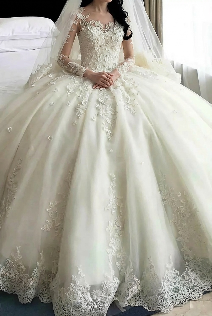 Luxury Long Sleeves Tulle Lace Beaded Ball Gown Wedding Dresses