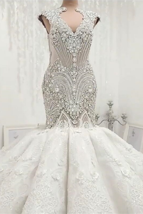 Luxury Sleeveless Open Back Long Mermaid Wedding Dress with Beads