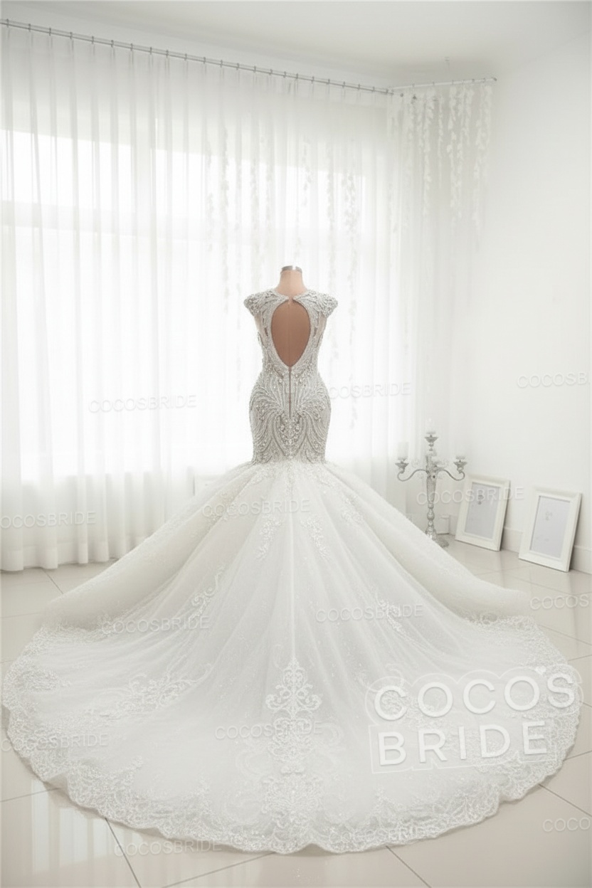 Luxury Sleeveless Open Back Long Mermaid Wedding Dress with Beads