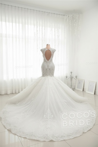 Luxury Sleeveless Open Back Long Mermaid Wedding Dress with Beads