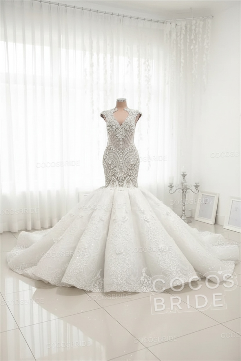 Luxury Sleeveless Open Back Long Mermaid Wedding Dress with Beads