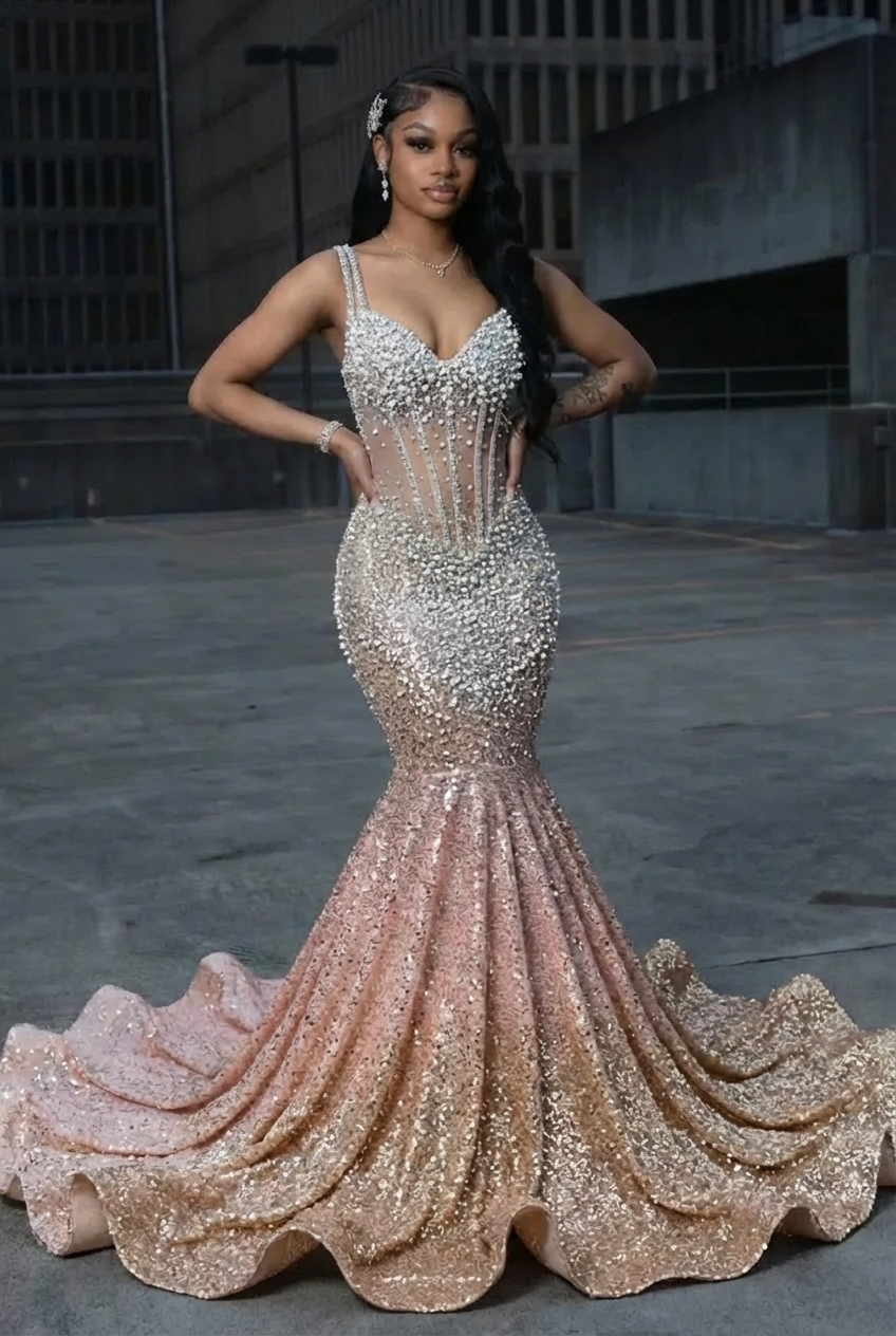 Mermaid Beaded Sweetheart Sequin Long Prom Dress