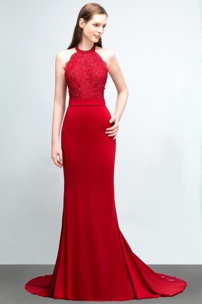 Mermaid Charmeuse Lace Halter Sleeveless Floor-Length Bridesmaid Dresses with Sash