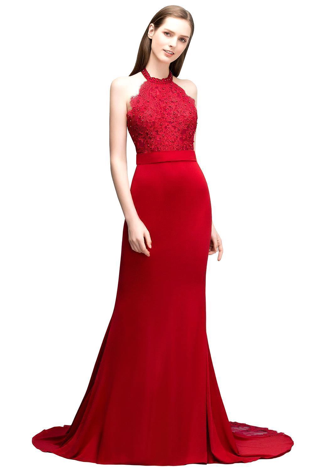 Mermaid Charmeuse Lace Halter Sleeveless Floor-Length Bridesmaid Dresses with Sash