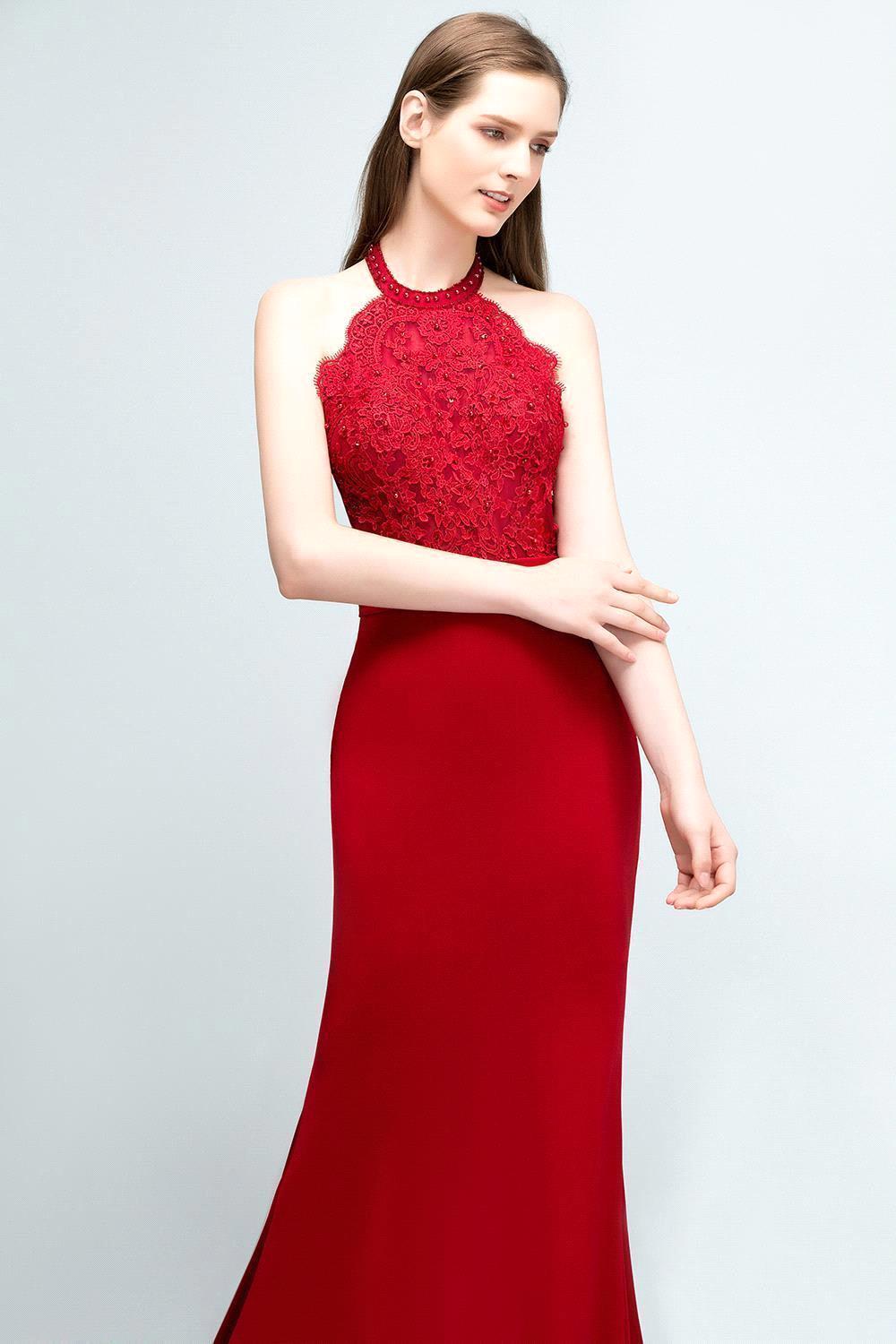 Mermaid Charmeuse Lace Halter Sleeveless Floor-Length Bridesmaid Dresses with Sash