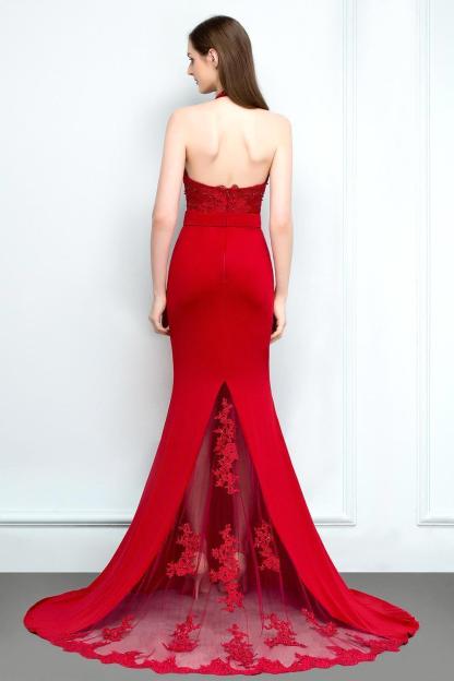 Mermaid Charmeuse Lace Halter Sleeveless Floor-Length Bridesmaid Dresses with Sash